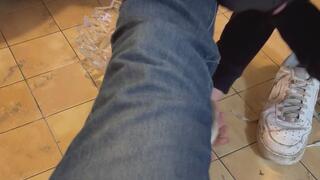 My thirsty slave drinks water mixed with the sweat from my feet.