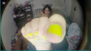 Come and suck my feet, slave.