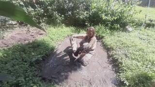 Naughty and hot Dildo fucking in the mud