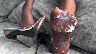 High heels pumps filled with the cum, shots of cum on feet, the girl playing with mess in her shoes, stockings covered in cum, messy stockings feet, messy high heels, messy shoes