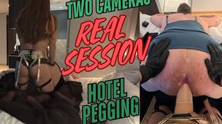 REAL PEGGING - hotel room and two cameras with big dildo
