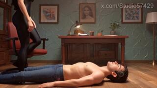 Two Sensual Dominatrix - Blonde and Brunette - Make Him Cum In Paints Multiple Times