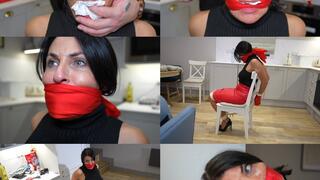 Sarah wild, agent red captured, chair tied and multi gagged with scarves and tape (mp4)