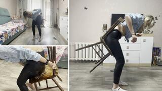 Anastasia is glued to a wooden chair