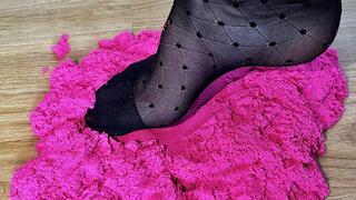 Sparkly Glitter Tights, Fishnet & Polka Dot Nylons Crushing Black & Pink Kinetic Sand ? ASMR Feet Play, Nylon Stretch, Sensory Texture Sounds, Full Leg View, Hosiery Fetish