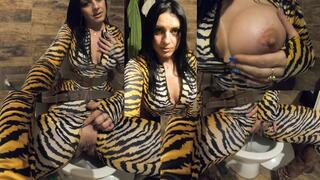 Open Pussy Jumpsuit Pee Play. Big Tits, Hard Nipples and Bathroom Fetish