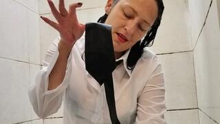 Soaking wet sock and wet button down blouse play in shower with dripping wet tie