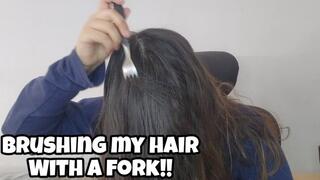 Hair Brushing Routine: Chubby Girl Brushes Her Hair with a fork