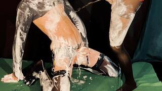 Hot messy fun together in nylons with lots of shaving foam and piss (artwork without audio)