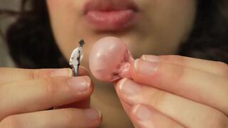 Giantess Stepsister Bubble Gum Trap Tiny Man Caught in Sticky Bubble