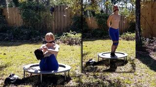 0077 Self Bondage Session in the Sunshine as Gym Girl Strips, Ties Herself Up & Bounces her Tiny Tits on a Trampoline! WMV Version