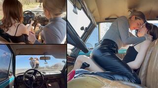 Naughty lesbians Lisa and Alina trying to drive an old VAZ 4K