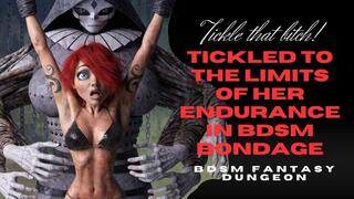 Gorgeous tattooed red head anime babe is strung up in BDSM bondage by her wrists and tickled to her limits in her armpits and belly