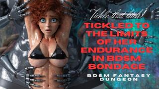 Gorgeous massive tits ample racked red head anime babe is strung up in BDSM bondage by her wrists and tickled to her limits in her armpits and belly