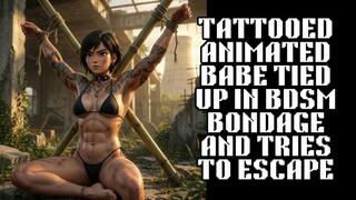 Tattooed muscle babe is tied in BDSM bondage as she tries to free herself and struggles and writhes