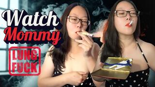 Sultry Smoking Asian MILF: Red Lipstick, White Cigarette, Long Holder + Tit-Tease