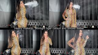 Heavy makeup, skintight tiger catsuit and smoke tease!