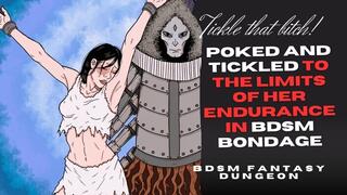 Slave girl is poked and tickled hard in her boobs and belly to the limit of her endurance in BDSM bondage by evil device