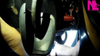 Sexy pedal pumping in grey patent pumps_undreneath pedals perspective