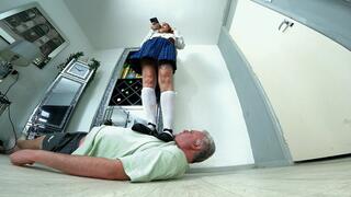 Schoolgirl Stood On Him In Long Socks FLOOR CAM