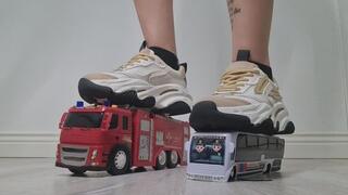 Sneakers Destroy Fire Truck & Bus – Slow Object Crush POV