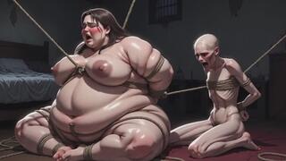 Massive BBW & Tiny Skinny Girl Bound Together in Rope Bondage