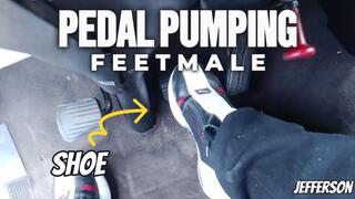 Man in sports shoes pumping car pedals and masturbating in the (T)