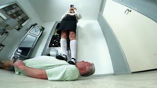 Schoolgirl Stood On Him In Long Socks & A Grey Pencil Skirt FLOOR CAM