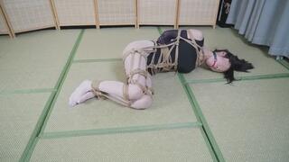 lz6-White Tights Dance Outfit: Rope Bondage Waist Cinching with Hands Bound Behind Back