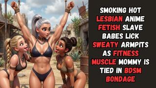smoking hot lesbian anime fetish slave babes lick sweaty armpits of captive as fitness muscle mommy mistress is tied in BDSM bondage