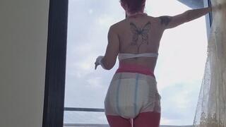 Public Diaper Dare – Puffy Diaper Over Leggings & Loud Farts in Public