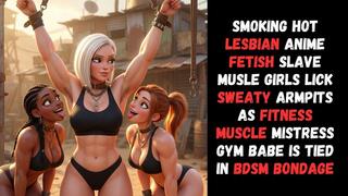 smoking hot lesbian anime fetish slave muscle girls lick sweaty armpits as fitness muscle mistress gym babe is tied in BDSM bondage