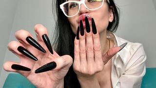 Long black nails and HOT outfit with lingerie, black stockings, pensil skirt and white blouse