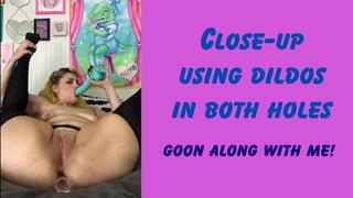 Close-up Using Dildos in Both Holes