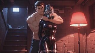 Black Latex Catsuit Breath Play - Blonde in Tight Rubber & Full Face Gas Mask