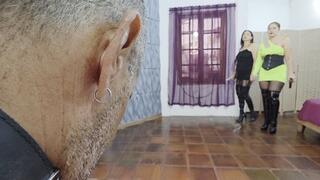 Insane whipping by Katherine and Nicolle in sexy dresses pantyhose and punishment boots