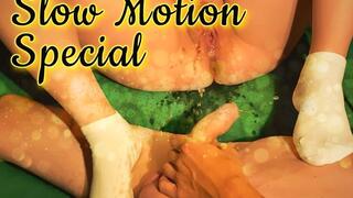 Getting pissed on at home after the party, after she pissed on his cock (silent slow motion special)