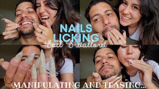 Long nails manipulating slave to lick them and swallow my spit!! I like to play with slave's mouth like this....
