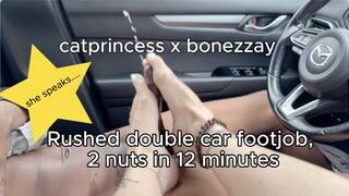 Rushed double fj on way to airport, Cat gave orders and countdowns for first time ever. Extreme cum shower double nut car footjob, Cat Princess at it again draining Bonezzay anywhere and everywhere, 2x back to back, size 9 milf feet on bbc
