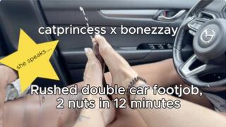 Rushed double fj on way to airport! Cat gave orders and countdowns for first time ever. Extreme cum shower double nut car footjob, Cat Princess at it again draining Bonezzay anywhere and everywhere, 2x back to back, size 9 milf feet on bbc, dreamy