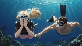 Deep Sea Freediving Breath Training with Air Sharing Kiss - Blonde in Shiny Black Wetsuit Top