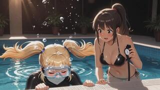 Long Underwater Breath Hold Training - Blonde in Tight Glossy Wetsuit with Dominant Mistress