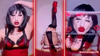 Sultry, Seductive Red Lipstick Kiss Imprints on Clear Chair Vaping in Lingerie and Red Heels
