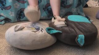 Luna trampling on, crushing, and dancing on 2 plushies with her cute little cow slippers. plushie stomp 2