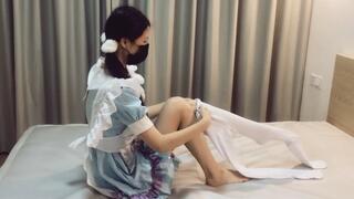 Sweet maid with cat ears and white stockings