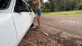 Jarlyn has a hard time getting out of the old Chevette in her flat shoes