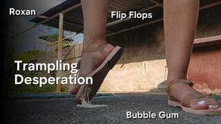 Desperately trampling on chewing gum that is stuck to her flip flops (3)
