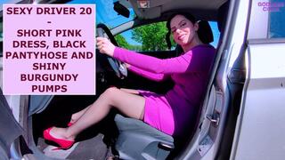 SEXY DRIVER 20 - SHORT PINK DRESS, BLACK PANTYHOSE AND SHINY BURGUNDY PUMPS
