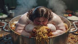 Massive SSBBW Naked Eating Food Like Crazy - Hairy Pussy Exposed