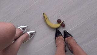 Crushed a banana and grapes b